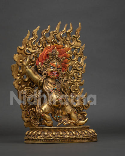 Vajrapani holding vajra thunderbolt and lasso on a hand carved lotus pedestal.