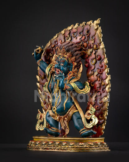 Vajrapani left side view gold-gilded copper statue robes serpent tiger skin Nepal handmade