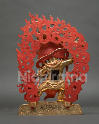 Vajrapani Statue back view blazing halo ornate crown gold fire gilded copper.