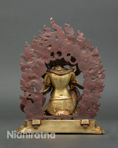 Vajrapani statue back view detailed robe carving flaming halo base copper gold gilded sculpture