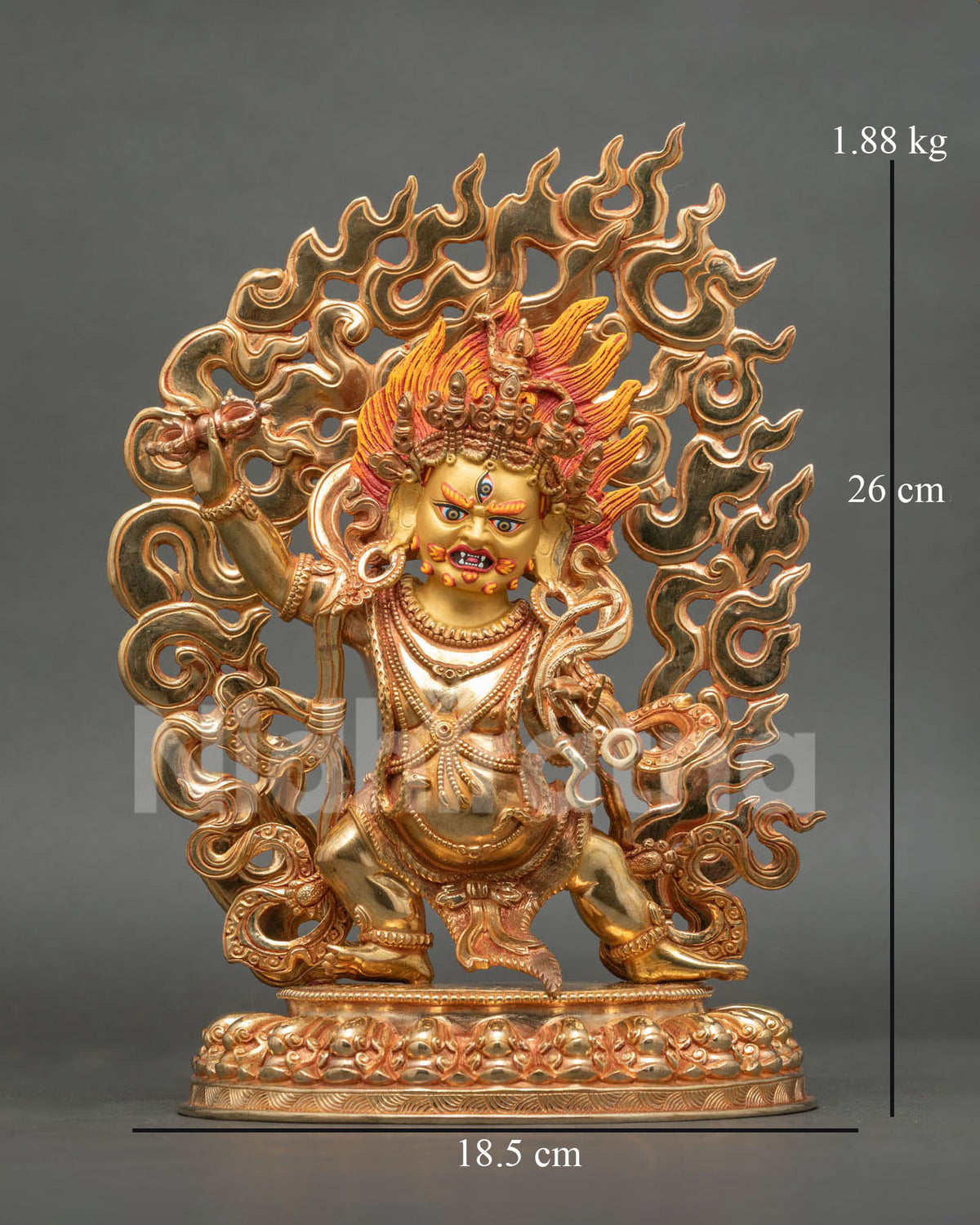 Vajrapani Statue copper gold fire gilded 24K gold painted face lotus seat.