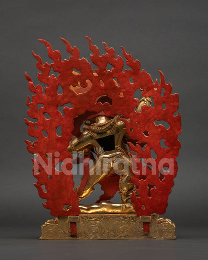 Vajrapani Statue Dynamic Warrior Stance on Lotus Throne with Flaming Halo.