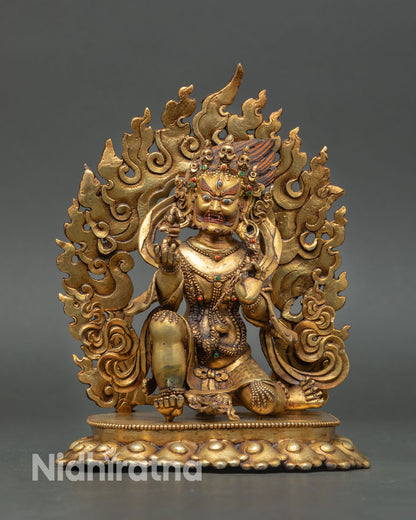 Vajrapani statue front view copper alloy fire gilded gold Nepal Buddhist protector sculpture