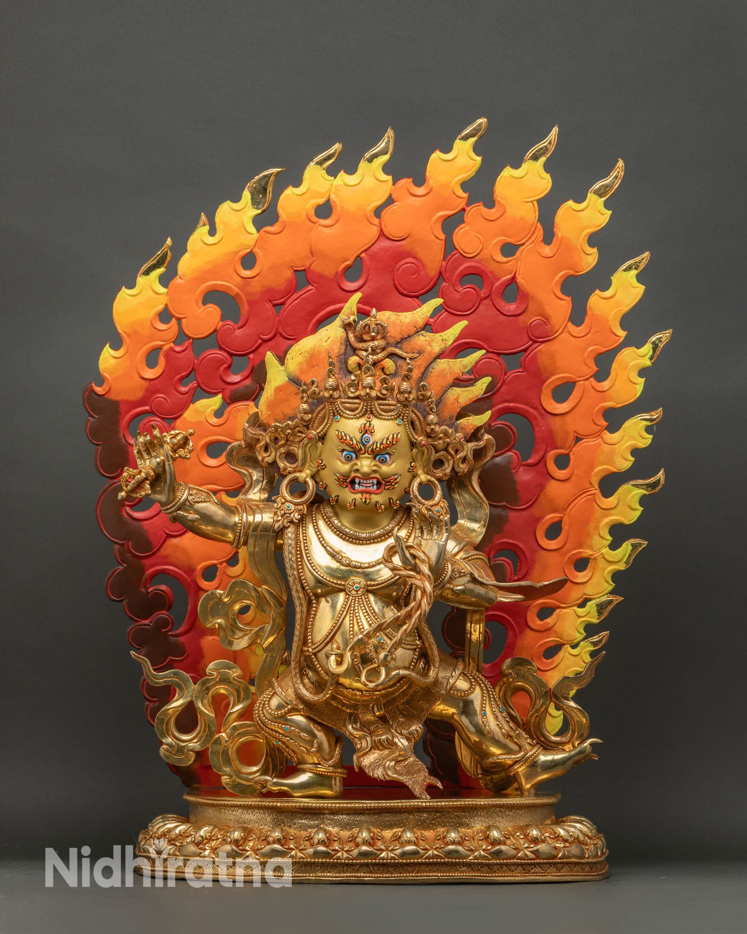 Vajrapani statue front view gold gilded copper Buddhist protector statue Nepal altar art