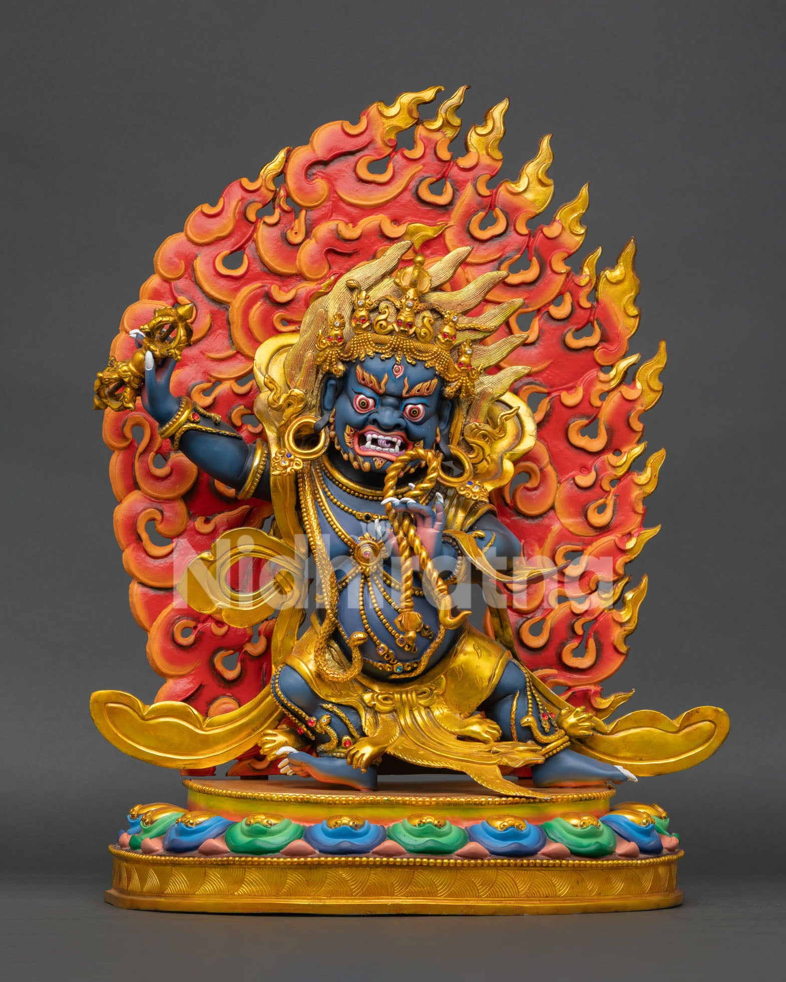 Vajrapani Statue, handcrafted from copper with 24K gold gilded details and semi precious stones from Nepal