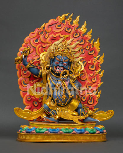 Vajrapani Statue, handcrafted from copper with 24K gold gilded details and semi precious stones from Nepal