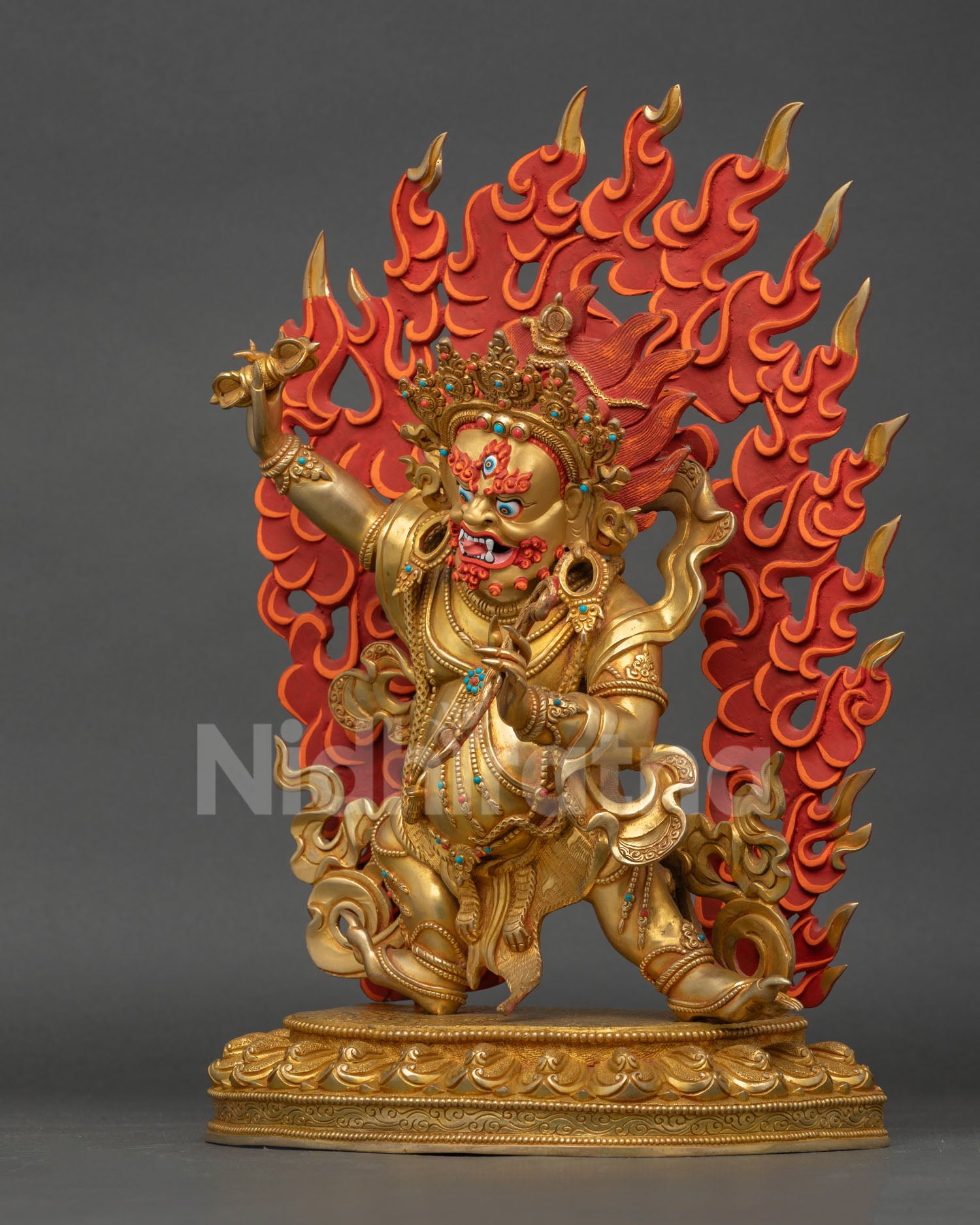 vajrapani statue left side view, detailed ornaments coral turquoise crown and layered armlets