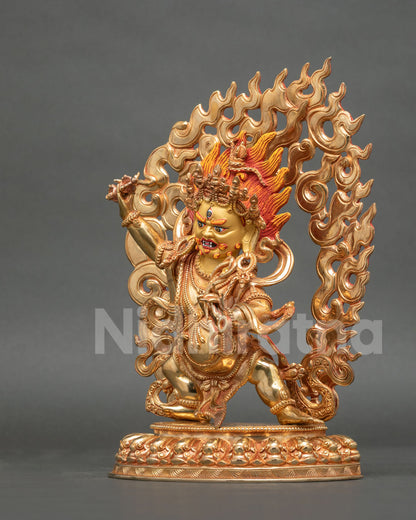 Vajrapani Statue left side view five skull crown coiled serpent tiger skin.