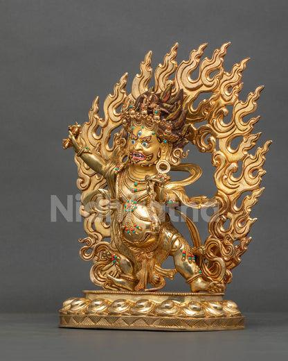 Vajrapani statue left side view, lasso, lotus seat and flaming halo, gold fire-gilded copper