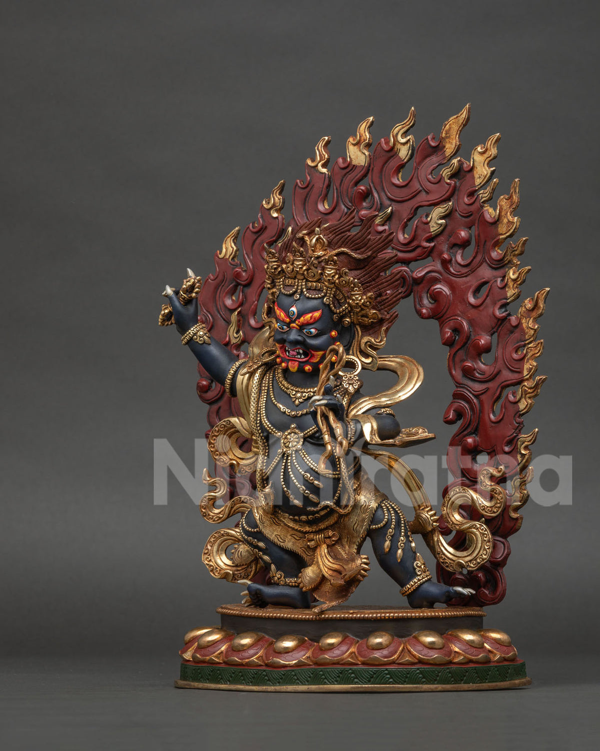 Vajrapani Statue left side view showing lasso and flaming halo