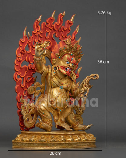 vajrapani statue right side view, dynamic vajra wielding pose with ornate flaming aureole backdrop