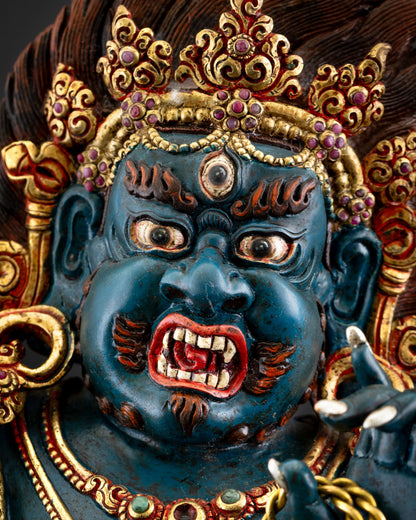 Vajrapani wrathful face third eye snarling fangs flaming hair copper statue Nepal handmade