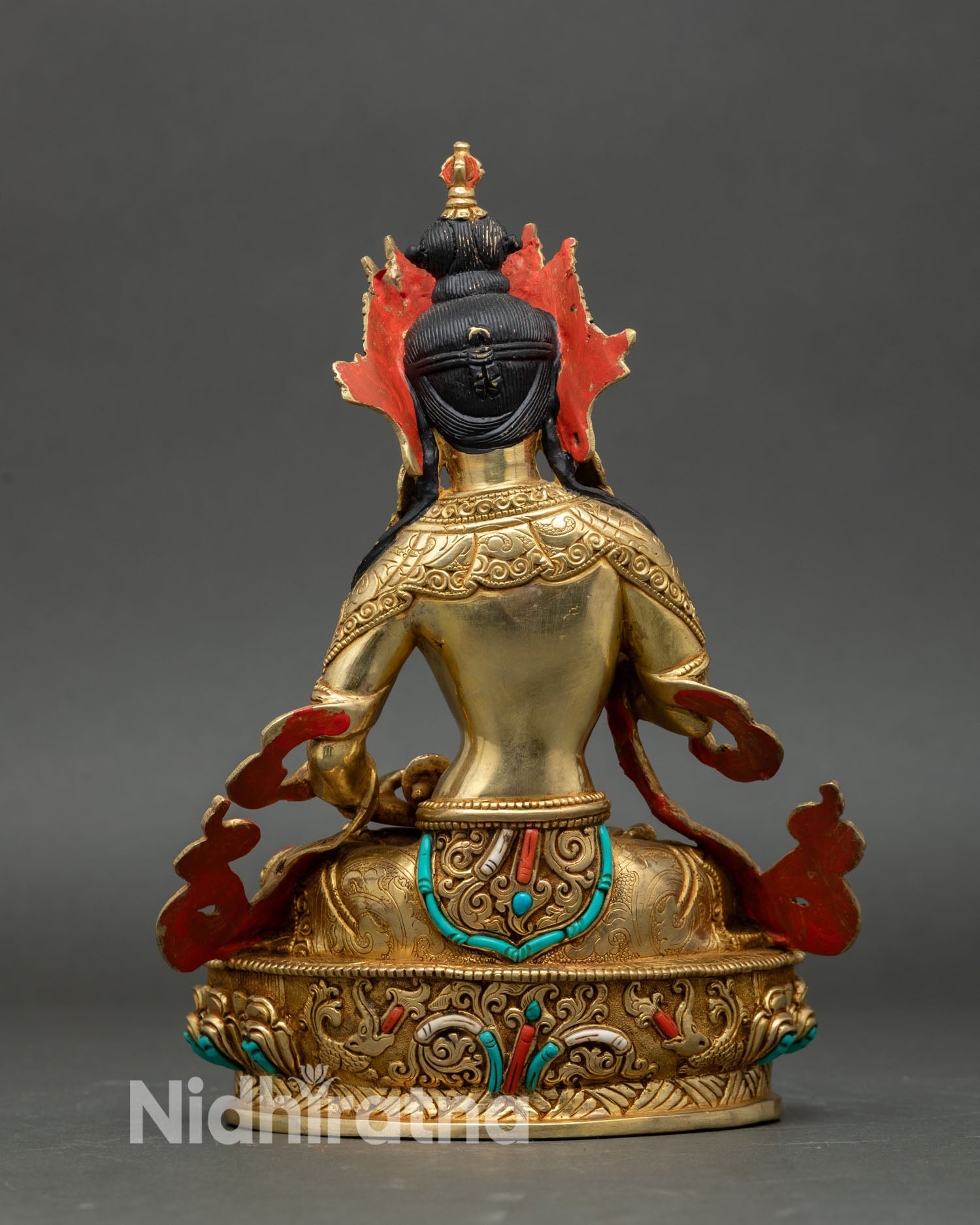 Vajrasattva back view detailed carving Nepal handmade Buddhist statue semi precious inlays lotus base