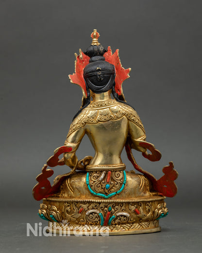 Vajrasattva back view detailed carving Nepal handmade Buddhist statue semi precious inlays lotus base
