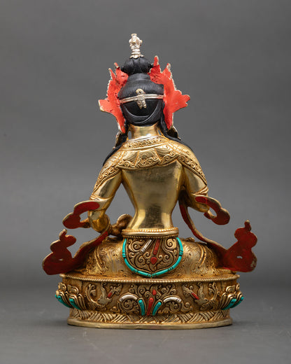 vajrasattva back view, engraved floral designs on lotus base with gold fire-gilded copper