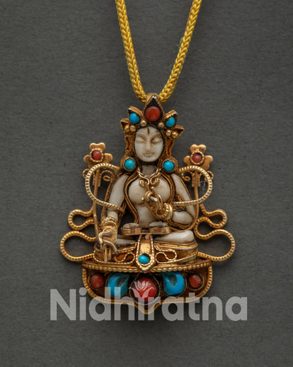 Vajrasattva Buddha Locket with White Stone Body Turquoise Coral Inlays from Nepal