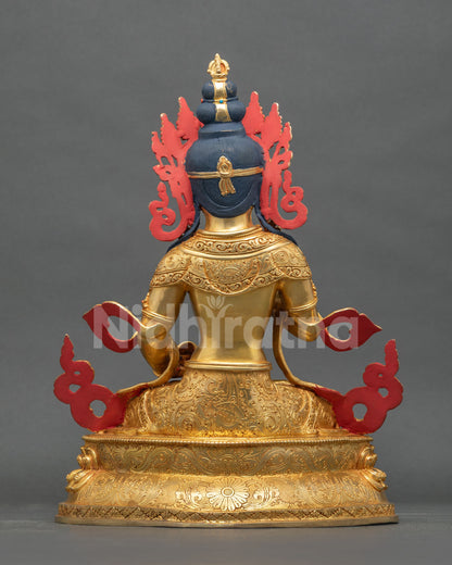 Vajrasattva Buddha statue back view gold fire gilded copper hand carved robe details.