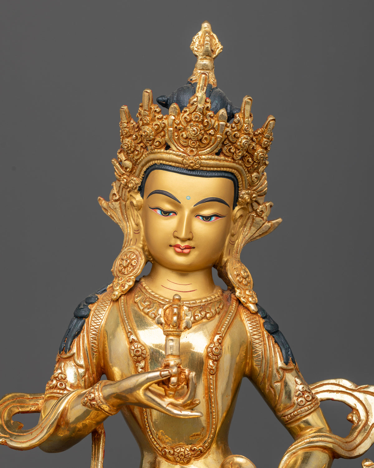 Vajrasattva Buddha Statue gold painted face and semi precious stone ornaments