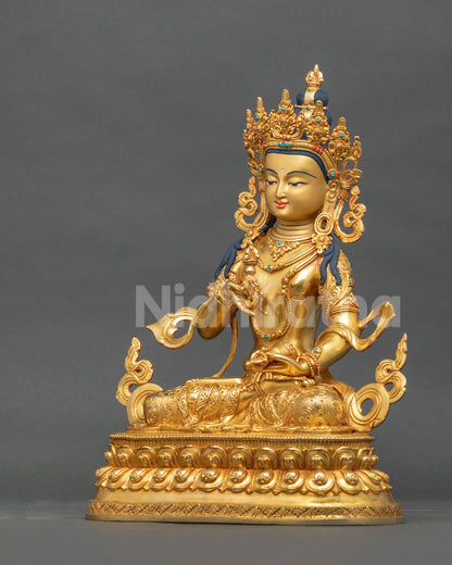 Vajrasattva Buddha statue left view copper gold gilded celestial jewelry engraved robes.