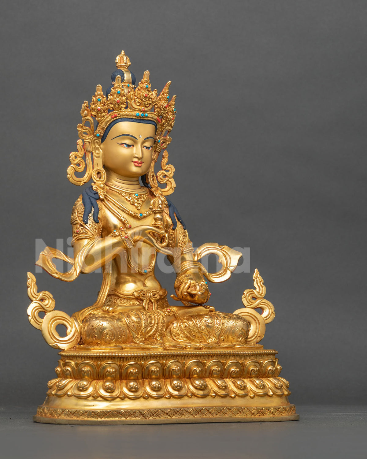 Vajrasattva Buddha statue right view gold fire gilded copper five jeweled crown.