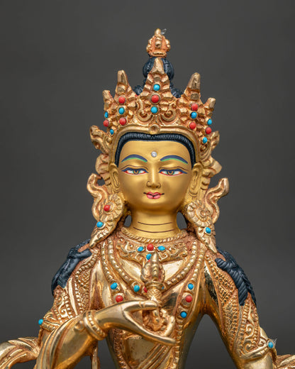Vajrasattva Buddhist statue gold painted face semi precious stones.