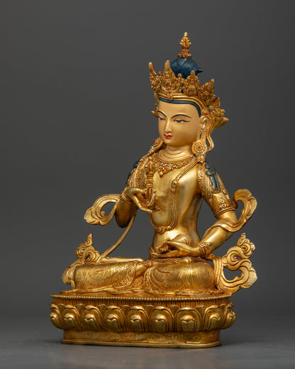 Vajrasattva Buddhist statue seated on hand carved lotus pedestal meditation.