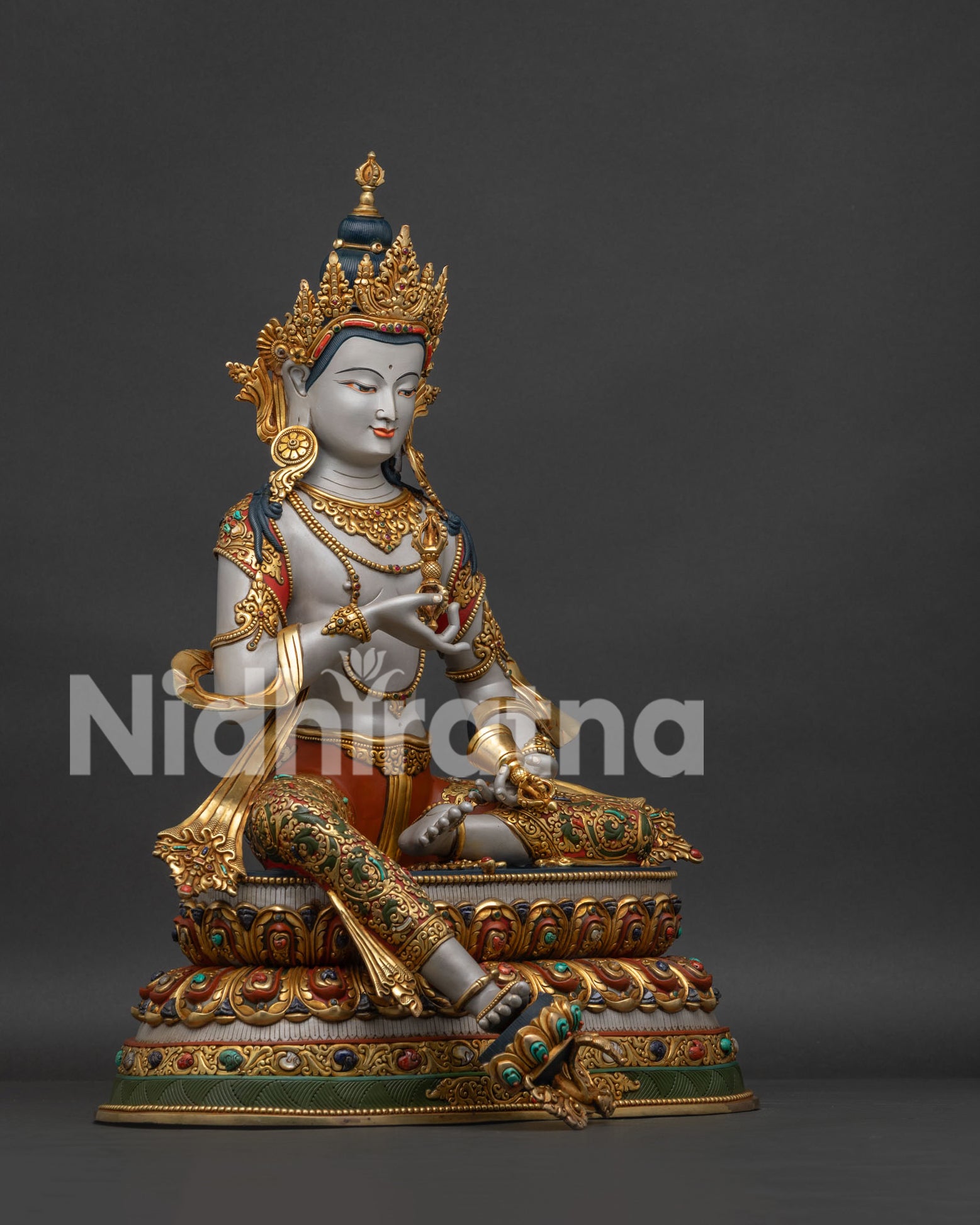 Vajrasattva copper statue right side view royal ease posture vajra ghanta Newari artisan