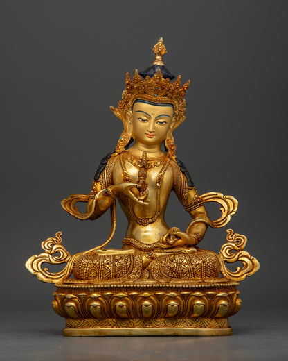 Vajrasattva Dorje Sempa sculpture adorned with semi-precious stones and intricate floral carvings