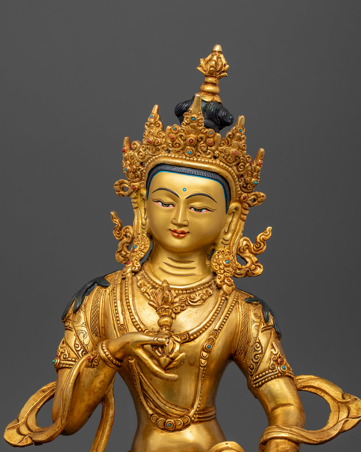 Vajrasattva Dorje Sempa sculpture with five-jeweled crown and semi-precious stone inlays