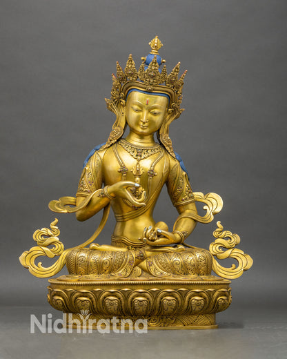 Vajrasattva Dorje Sempa statue front view, gold gilded copper Tibetan Buddhist deity on lotus throne