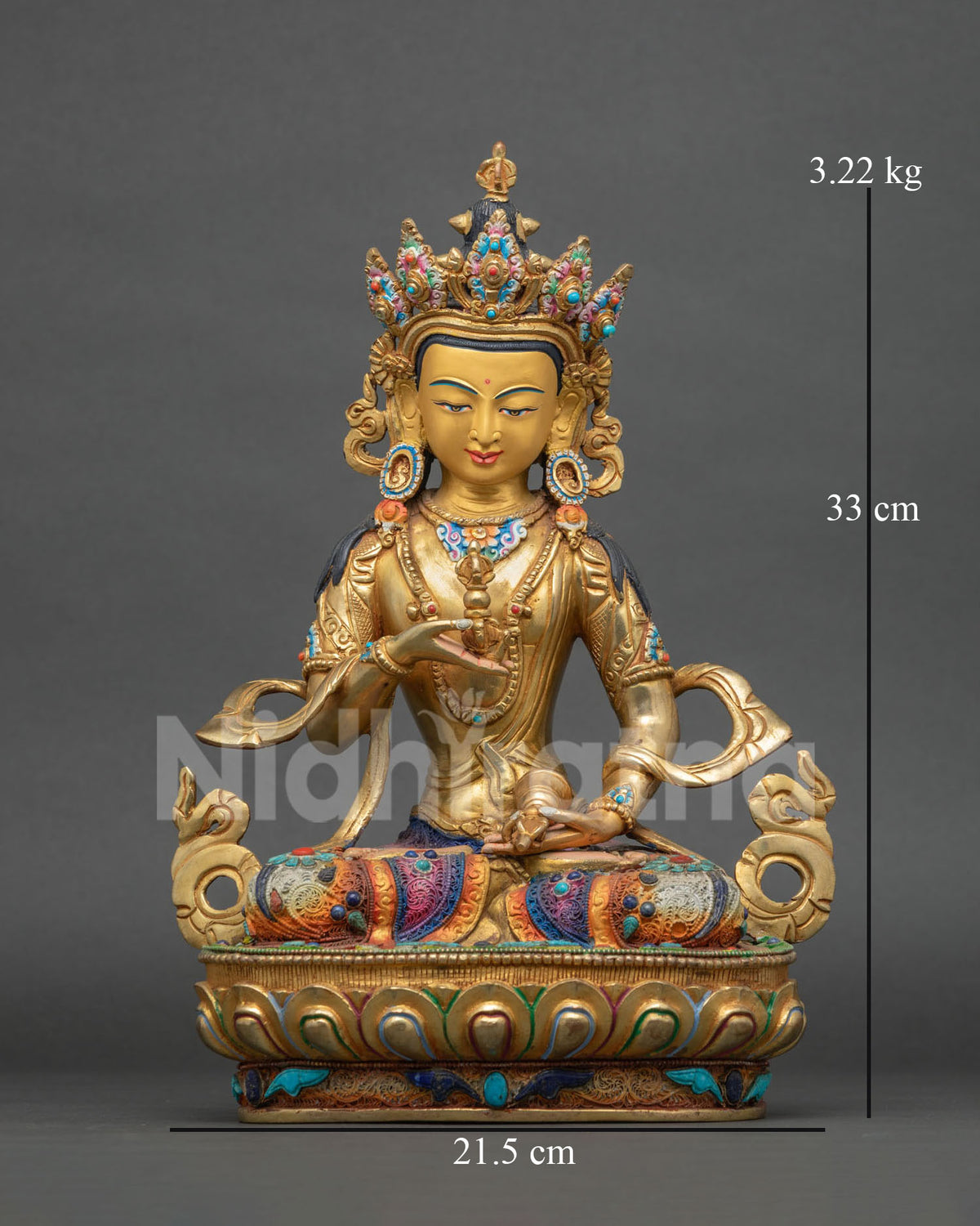 Vajrasattva Dorje Sempa statue front view, handcrafted 24K gold gilded copper Buddha from Nepal