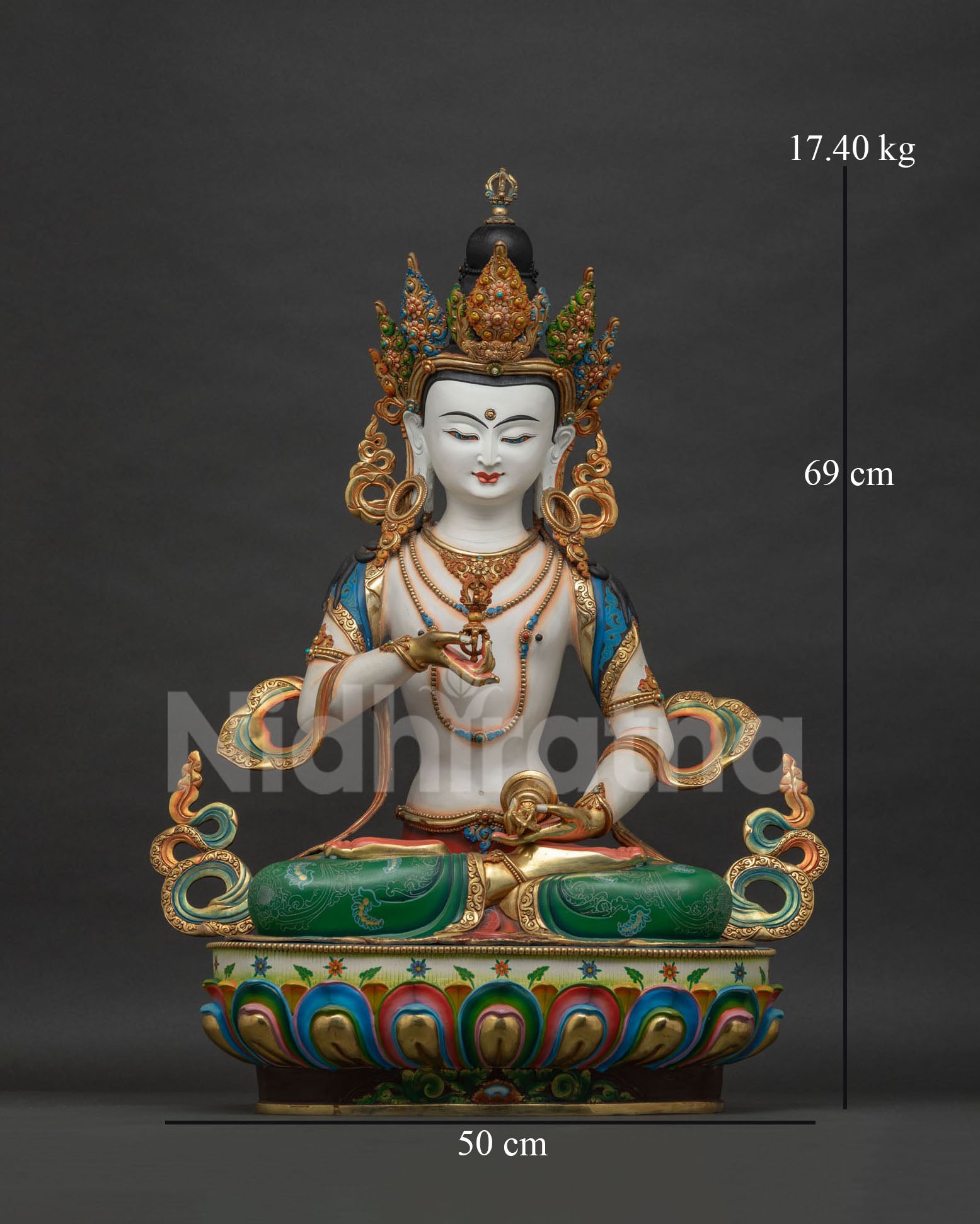 Vajrasattva Dorje Sempa statue front view, handmade gold-gilded copper sculpture from Nepal
