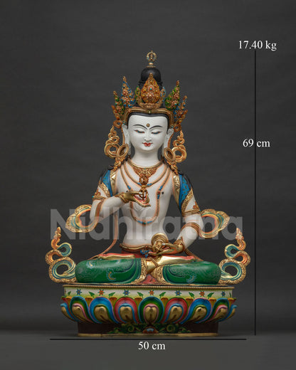 Vajrasattva Dorje Sempa statue front view, handmade gold-gilded copper sculpture from Nepal