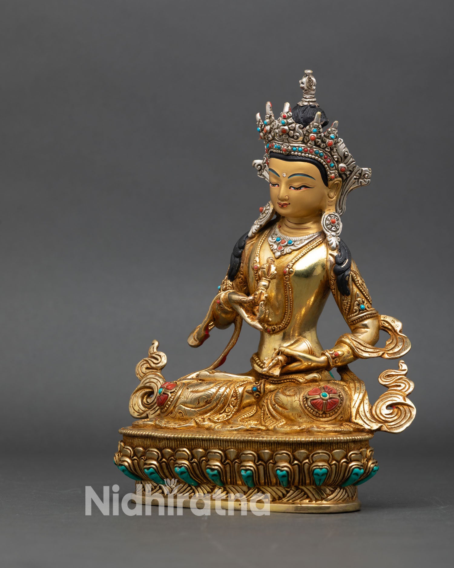 vajrasattva left side view, dorje sempa sculpture with detailed motifs and gold finish