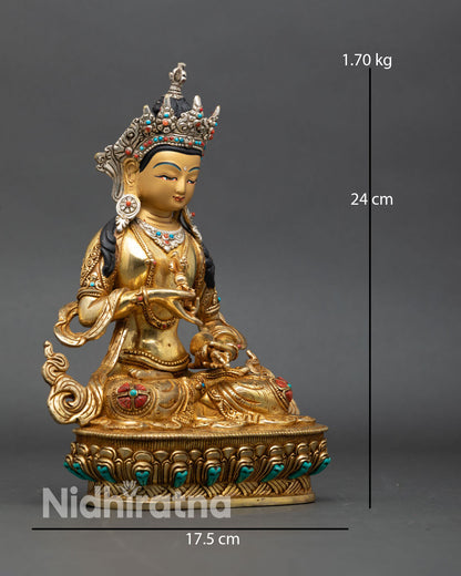 vajrasattva right side view, handcrafted nepalese buddhist statue with lotus pedestal