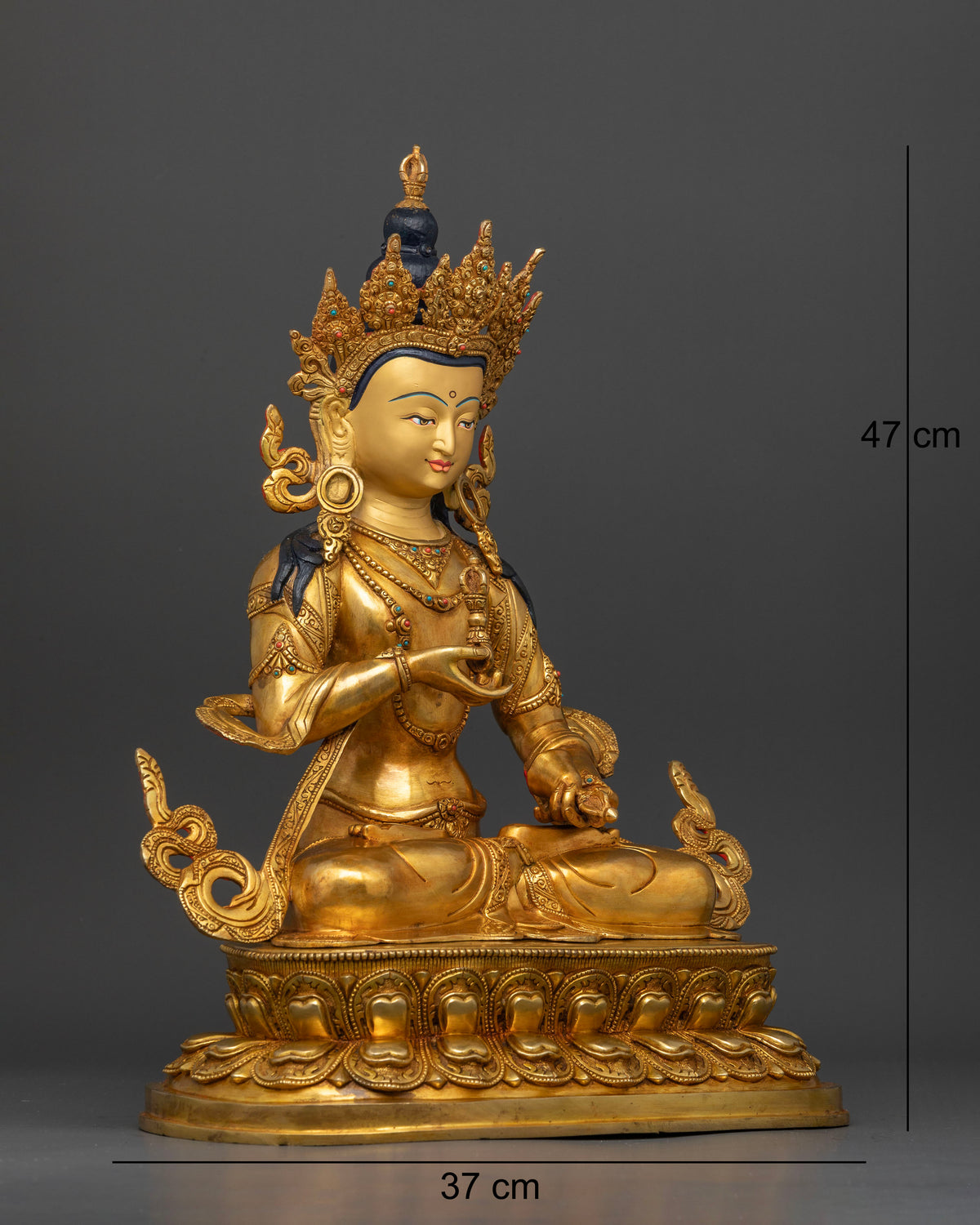 Vajrasattva seated on double lotus pedestal holding vajra and bell in traditional Nepalese art