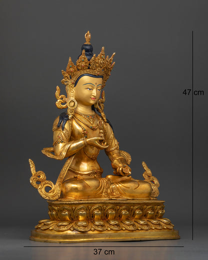 Vajrasattva seated on double lotus pedestal holding vajra and bell in traditional Nepalese art
