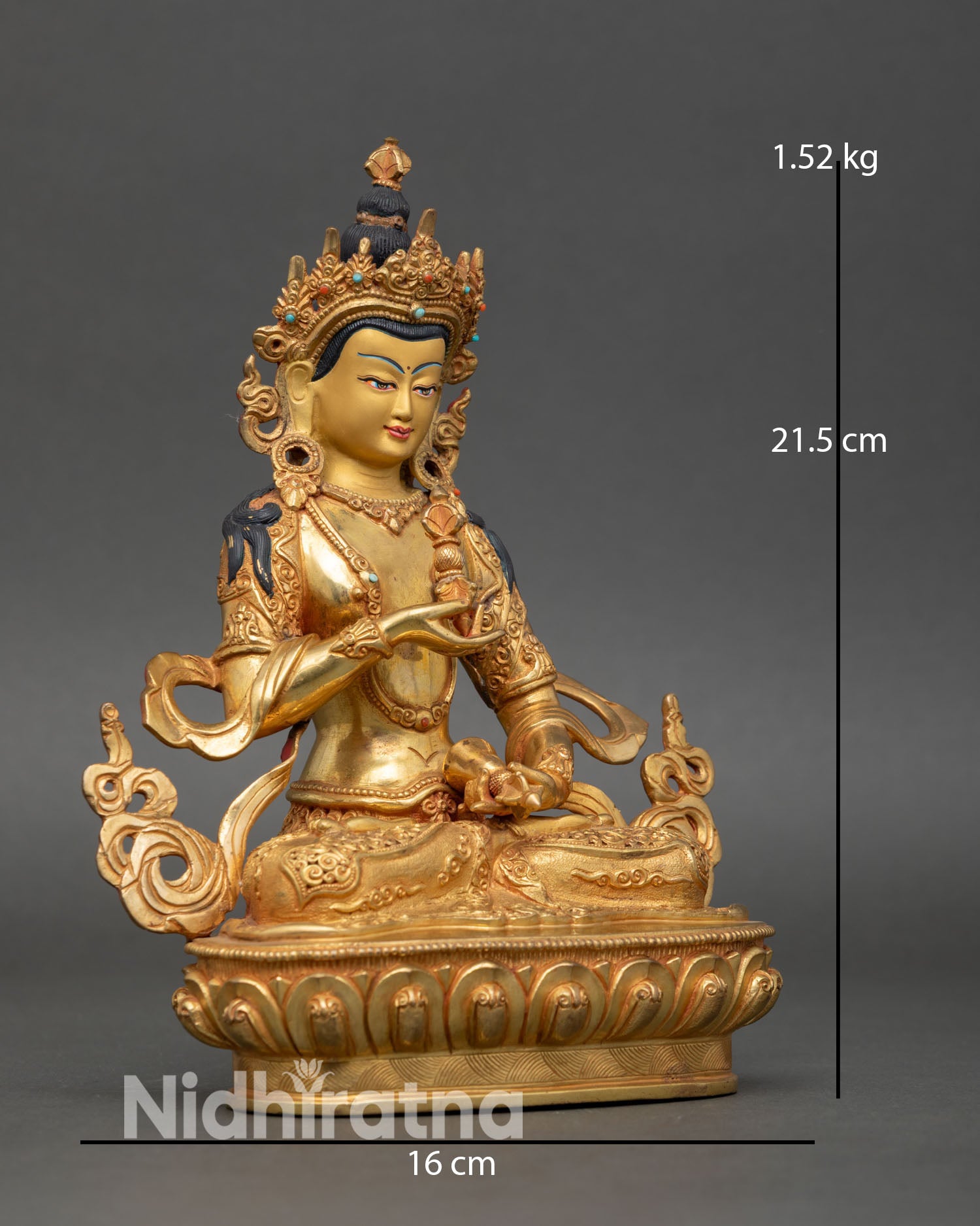 Vajrasattva side view seated lotus posture holding vajra and bell ghanta gold gilded copper statue spiritual meditation decor