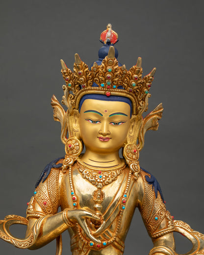 Vajrasattva statue 24K gold painted face semi precious stone details.