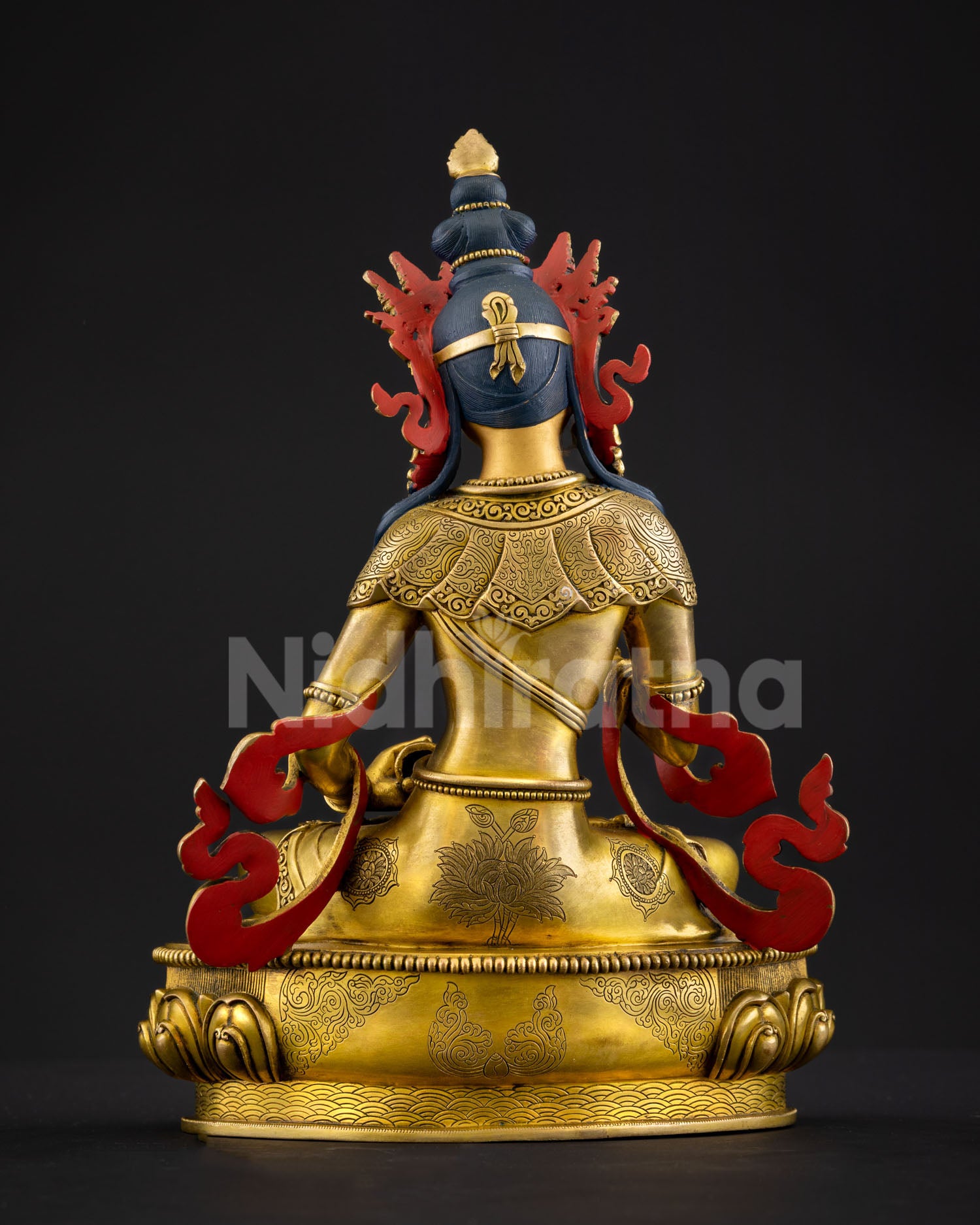 Vajrasattva Statue Back View Detailed Lotus Pedestal Copper Body Fire Gilded Finish