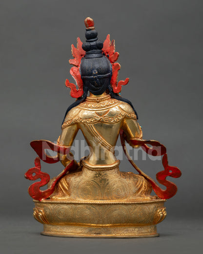 Vajrasattva statue back view, handcrafted copper finish with engraved lotus throne detailing