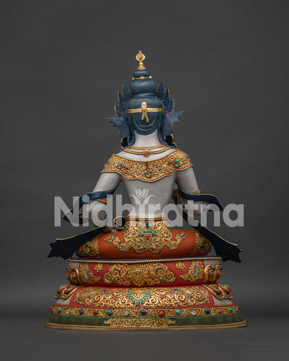 Vajrasattva statue back view intricate gold-gilded robes lotus throne Newari craftsmanship Nepal