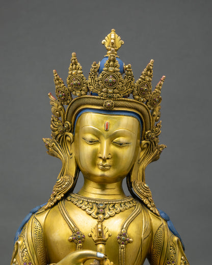 Close-up of Vajrasattva statue showing gold fire gilding, vajra and bell, and intricate crown details