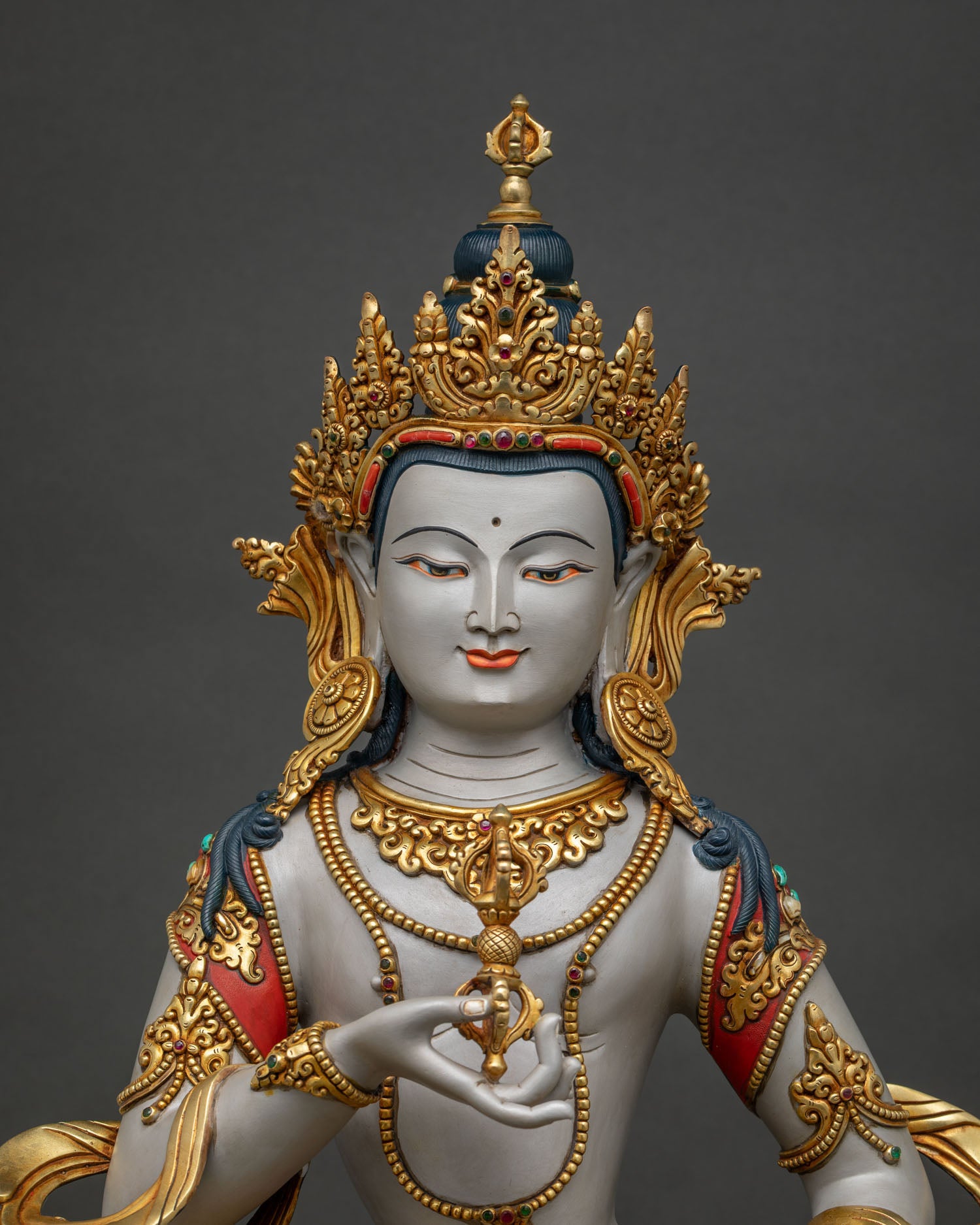 Vajrasattva statue close up gold ornaments turquoise coral inlay Nepali handcrafted copper