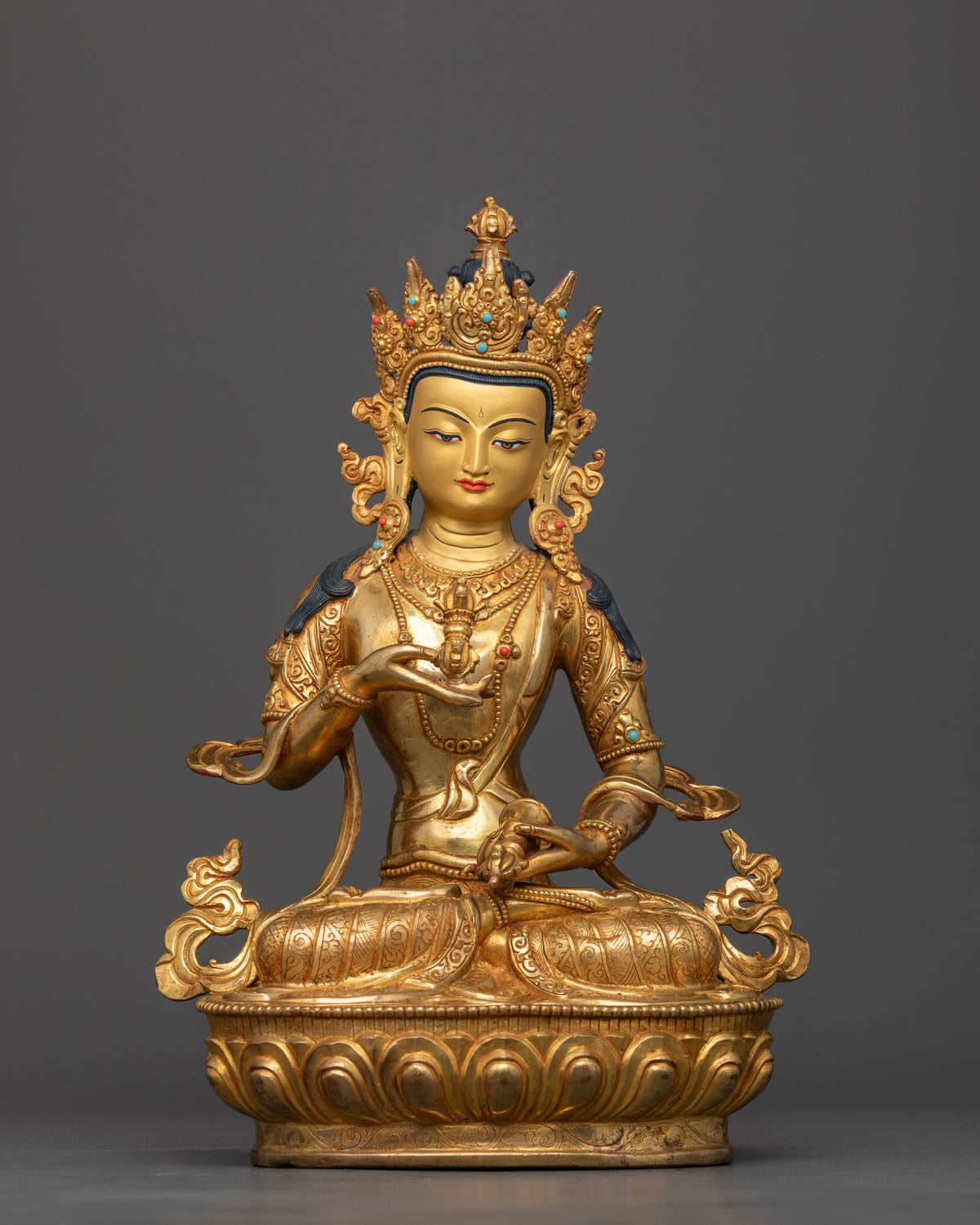 Vajrasattva Statue copper gold fire gilded lotus pedestal turquoise coral.