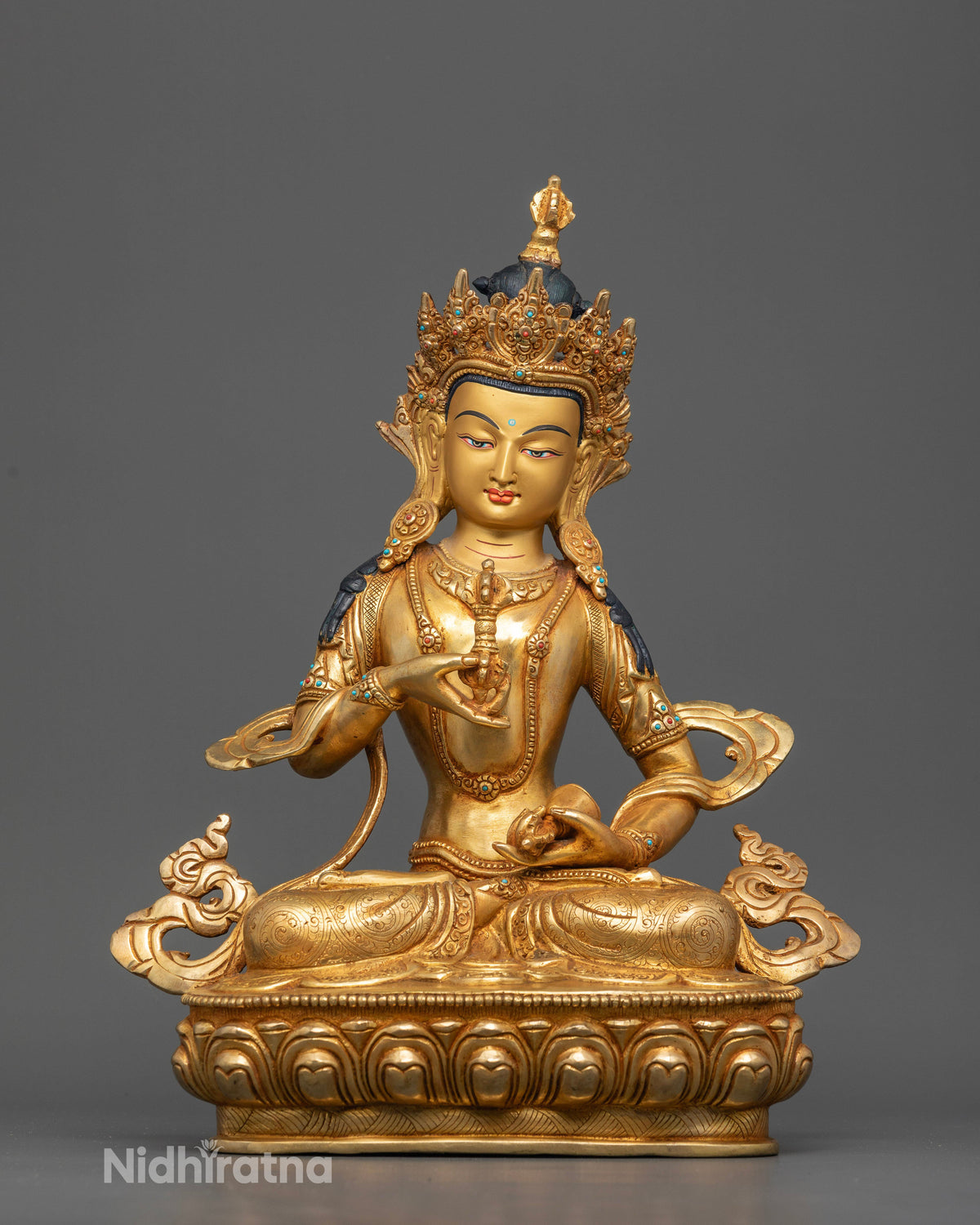 Vajrasattva statue copper sculpture with 24K gold fire gilding and semi precious stones