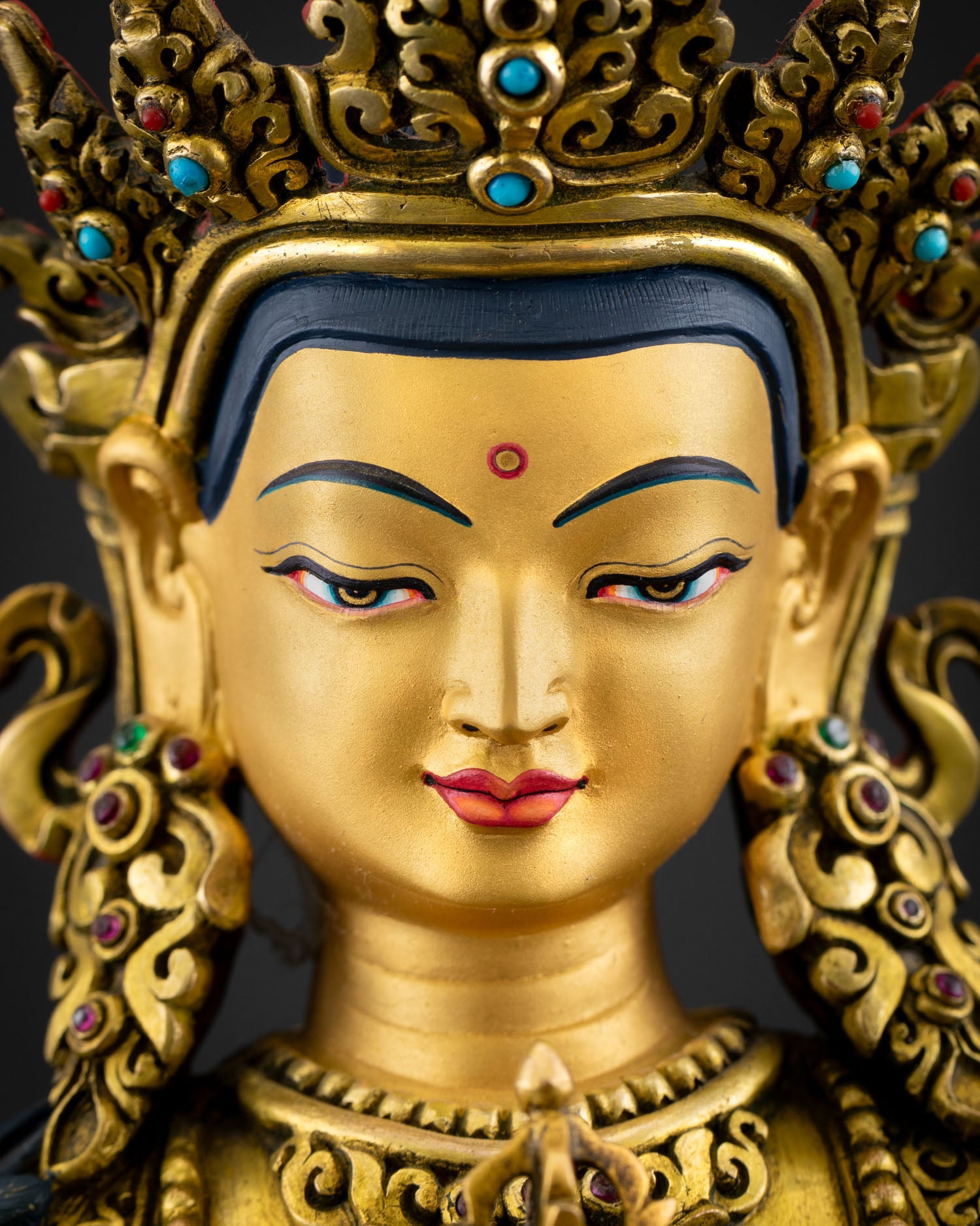 Vajrasattva Statue Detailed Close Up Face Gold Painted Serene Expression Nepal Sculpture