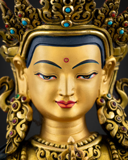 Vajrasattva Statue Detailed Close Up Face Gold Painted Serene Expression Nepal Sculpture