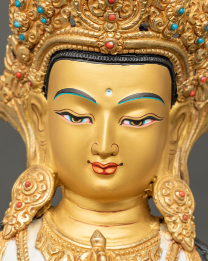 vajrasattva statue detailed close up face, vibrant acrylic colors and gold-gilded ornaments