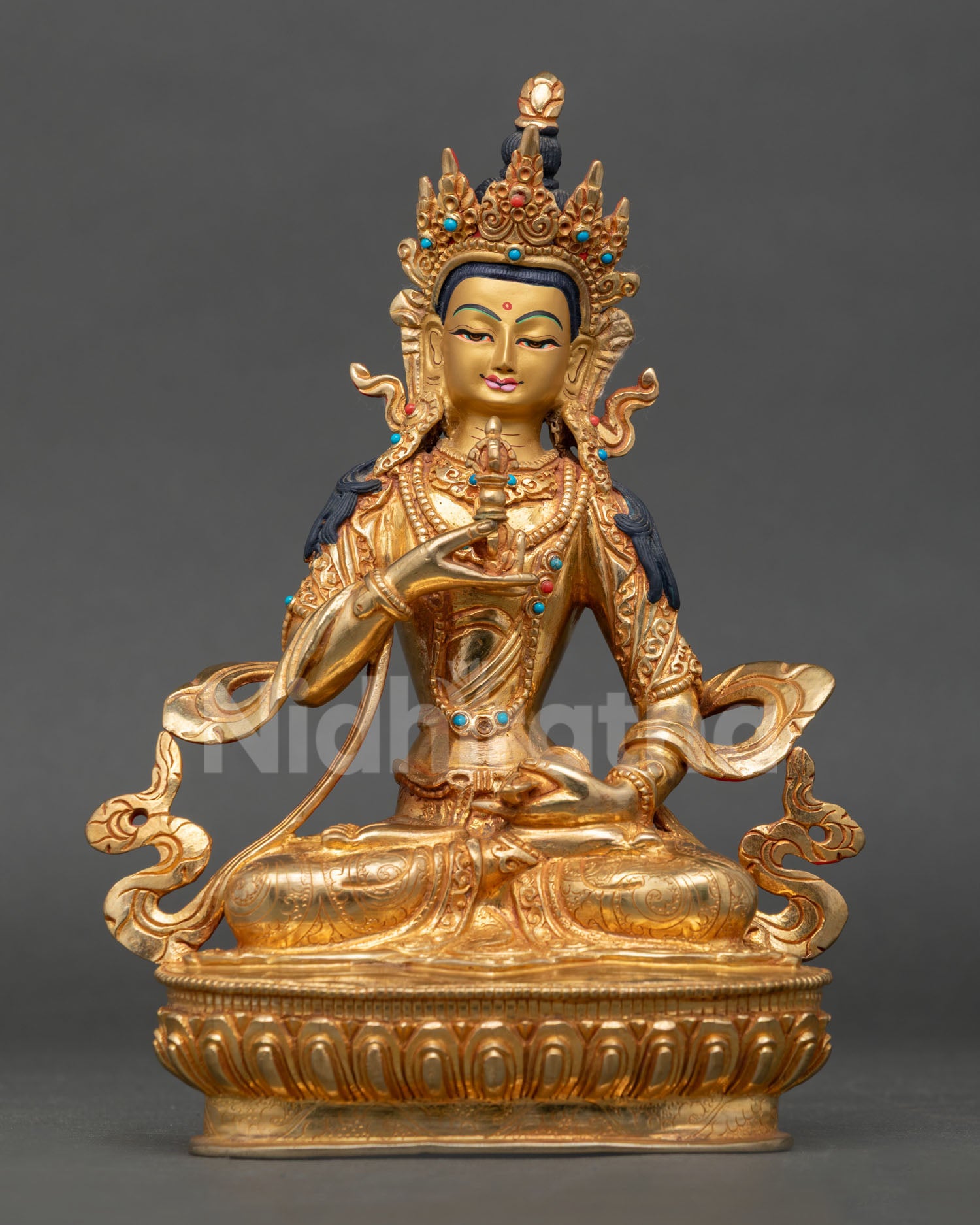 Vajrasattva statue for altar, handcrafted copper and gold gilded Buddhist sculpture from Nepal